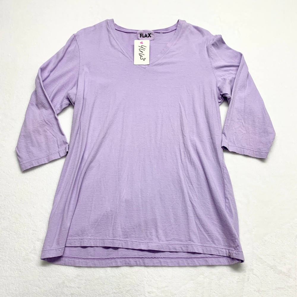 Flax V-Neck 3/4 Sleeve Tee Womens Size S Purple‎ Lagenlook Minimalist Knit Top